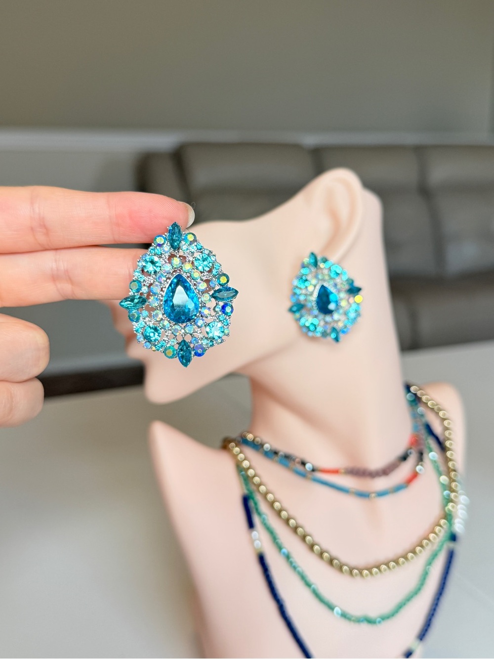 Crystal Teardrop Cluster Earrings in Aqua Blue - Picture 5 of 10